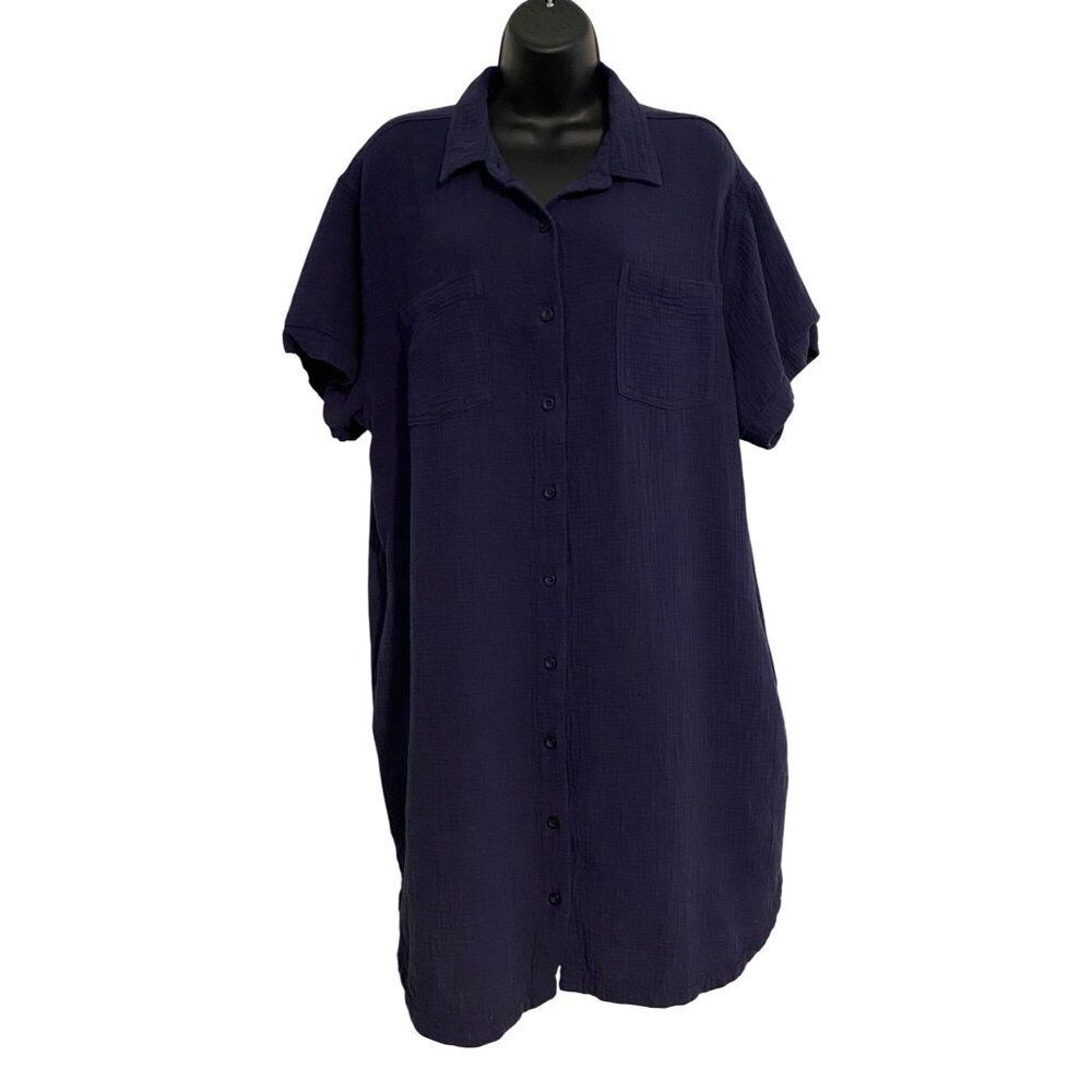 Weatherproof Vintage XL Navy Shirt Dress Women’s Button Up Gauzey Preppy Retro